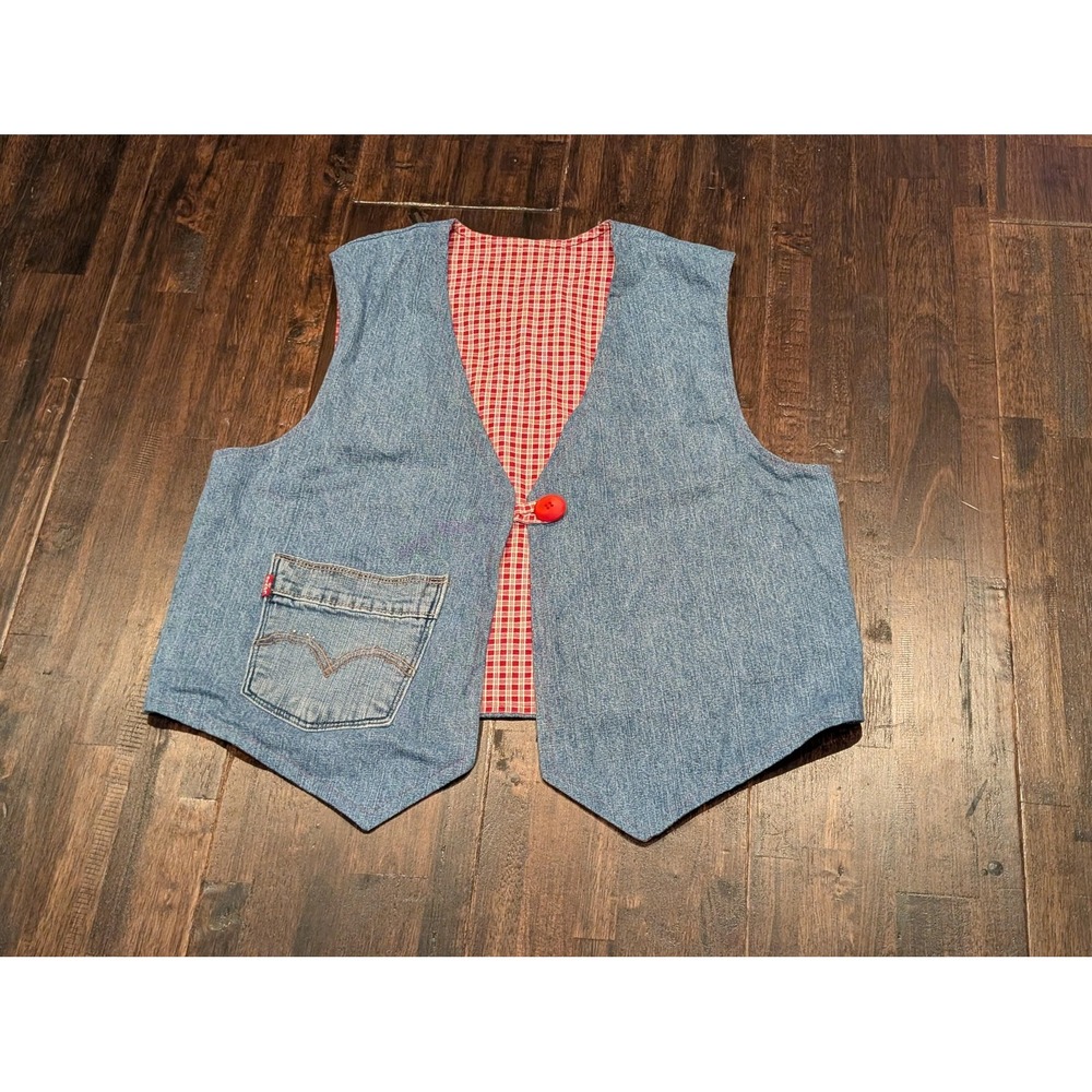 Handmade Levi's Pocket Denim Vest Large Plaid Lined Button Western Reversible‎